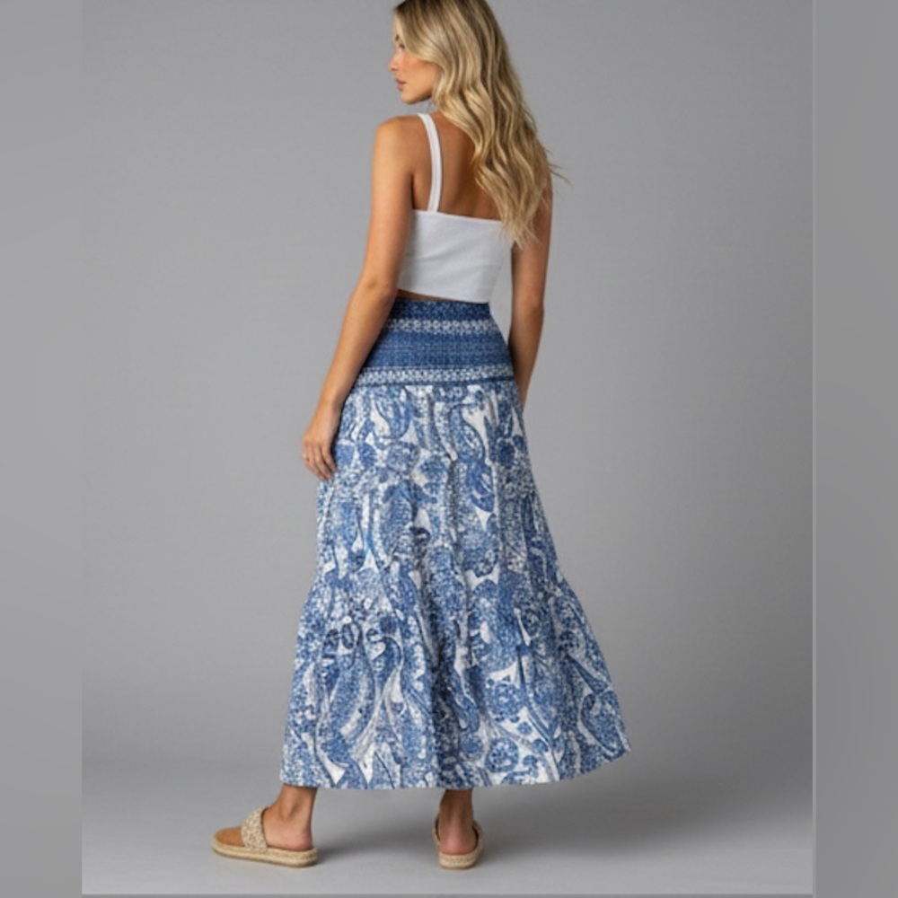 Bohemian Print Long Flared Shirred Skirt Blue - Picture 7 of 10